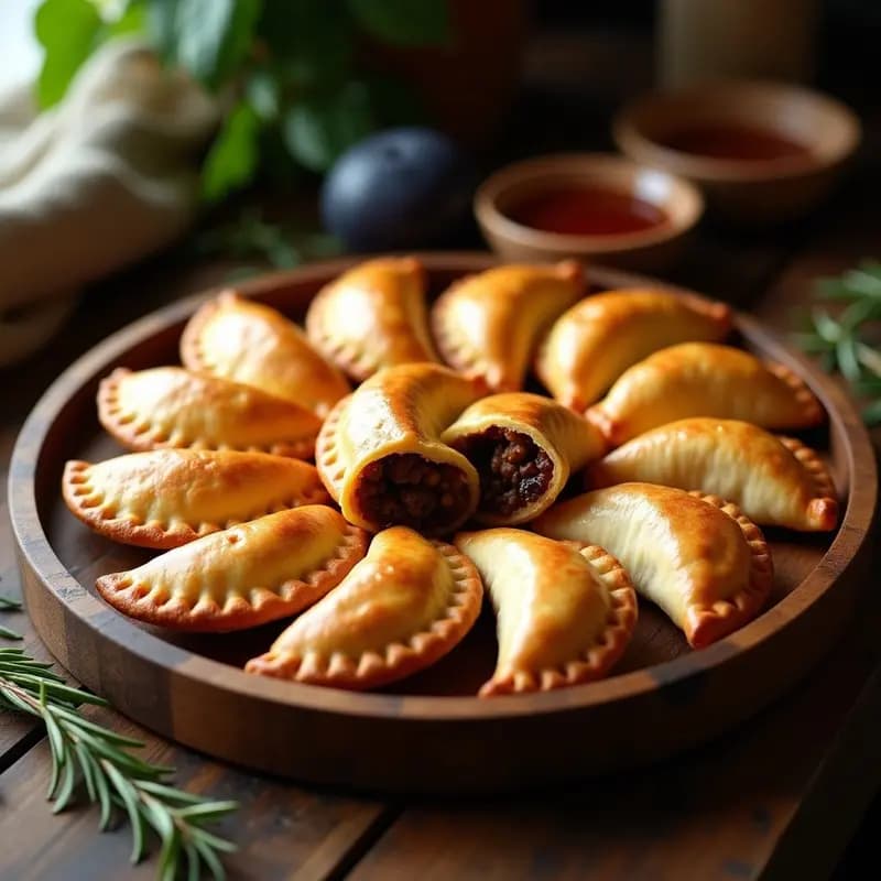 Empanadas argentinas doradas y crujientes rellenas de carne molida, pasas y mermelada de higo, dispuestas en una bandeja de madera rústica con hojas de laurel. Receta tradicional de empanadas de carne molida y pasas con mermelada de higo.