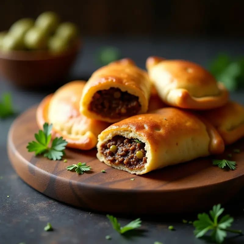 Empanadas doradas y crujientes de masa de yuca rellenas de carne picada y aceitunas verdes, servidas sobre una tabla de madera rústica con hojas de perejil fresco. Receta sin gluten y glycerina.