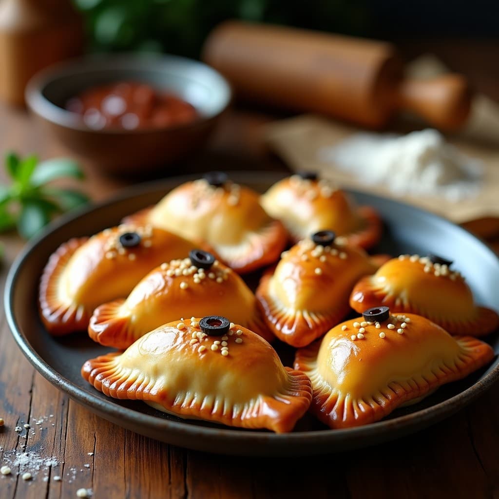 Bandeja de horno con empanadas argentinas de carne picante y aceitunas, doradas y crujientes, con repulgue tradicional y brillo de huevo, sobre papel de horno.