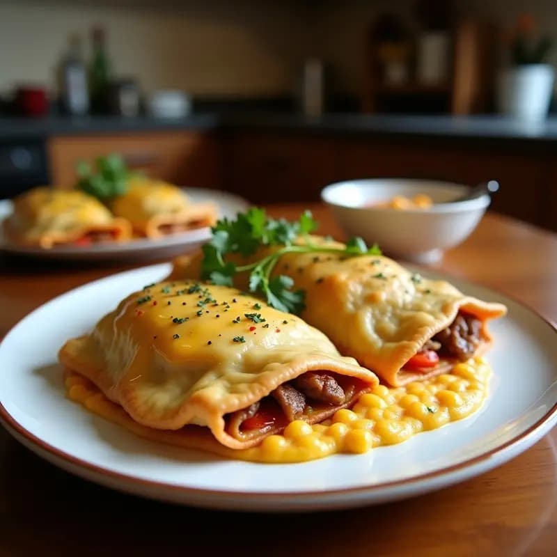 Empanadas colombianas doradas y crujientes de masa de harina de maíz frita, rellenas de carne picante y queso derretido que se estira al cortarlas, servidas sobre papel absorbente con salsa de ají al lado.