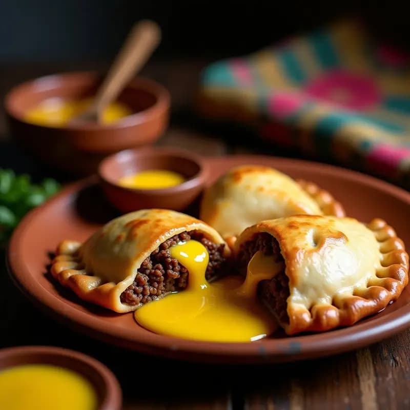 Empanadas peruanas doradas y crujientes rellenas de carne y queso fundido, servidas con salsa de ají amarillo cremosa en un plato rústico.
