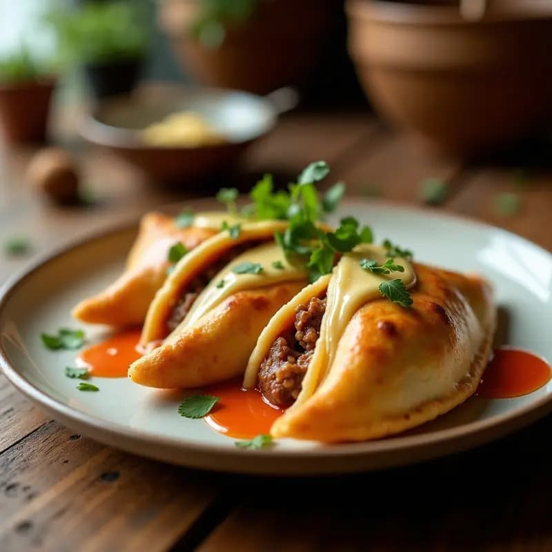 Empanadas argentinas doradas y crujientes fritas en aceite, rellenas de carne picada jugosa y queso fundido, servidas en papel de cocina con salsa golf al lado. Receta de comida callejera tradicional.