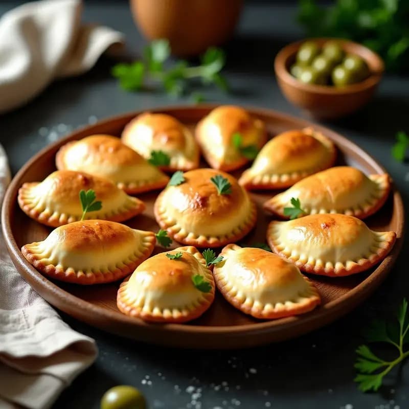Empanadas uruguayas doradas y crujientes sobre una bandeja de horno, con bordes perfectamente sellados y un relleno jugoso de carne de res y aceitunas verdes asomando. Servidas con un toque de perejil fresco.