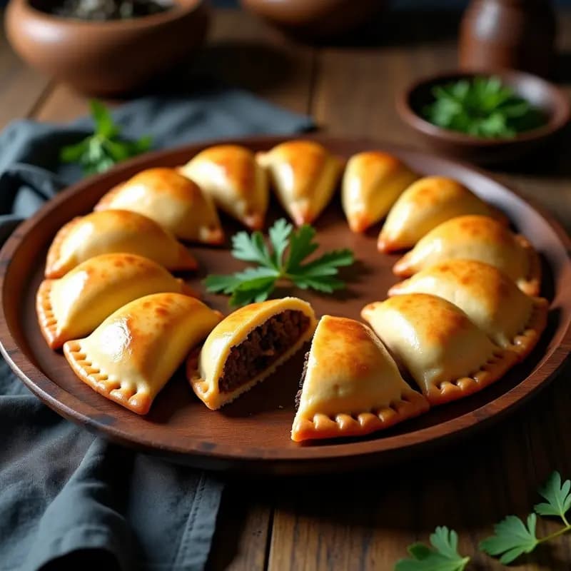 Empanadas argentinas gourmet de carne de res y olivos negros doradas al horno, con bordes bien sellados y brillo de huevo batido, servidas en una bandeja de madera rústica con hojas de perejil fresco.