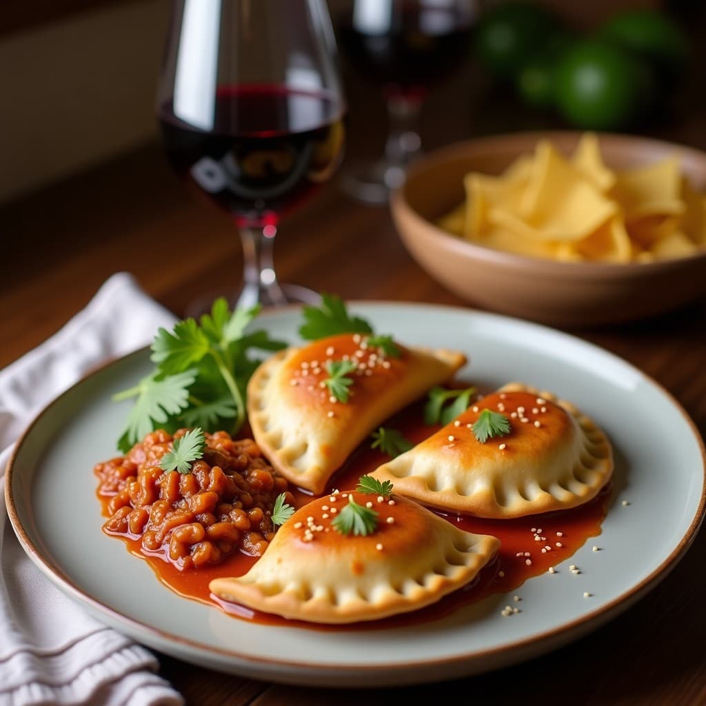 Empanadas argentinas doradas y crujientes rellenas de carne de res y pasas al vino tinto, dispuestas en una fuente de barro rústica con hojas de laurel y un vaso de vino tinto Malbec al fondo.