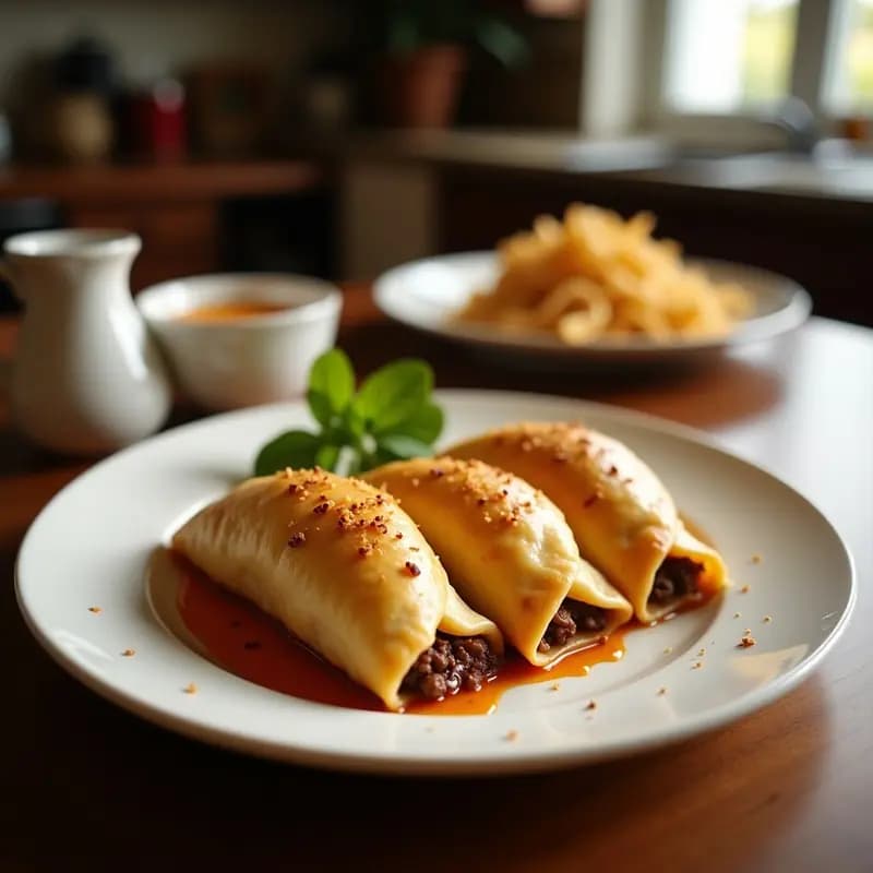 Empanadas brasileras doradas rellenas de carne de res y queso pao de açúcar, servidas en un plato de barro con perejil fresco. Receta fácil en olla express.
