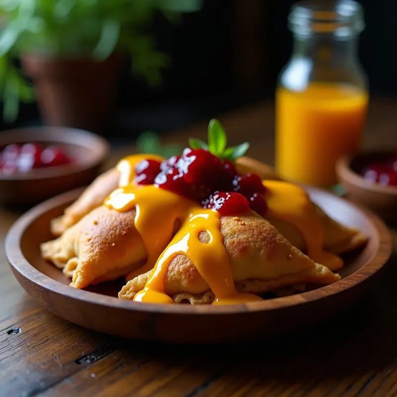 Empanadas colombianas doradas y crujientes rellenas de carne, servidas en un plato rústico con salsa de queso cheddar fundido y mermelada de arándanos, receta explosiva de placer culpable.