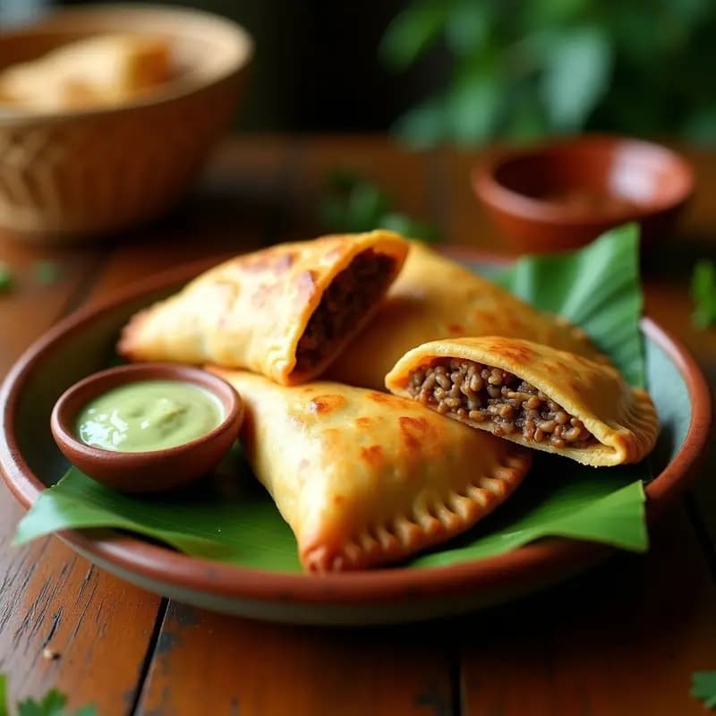Empanadas doradas de masa de casabe rellenas de carne mechada vegana, con textura crujiente y acompañadas de mojo criollo, sobre un plato rústico de barro con fondo de hojas de plátano.