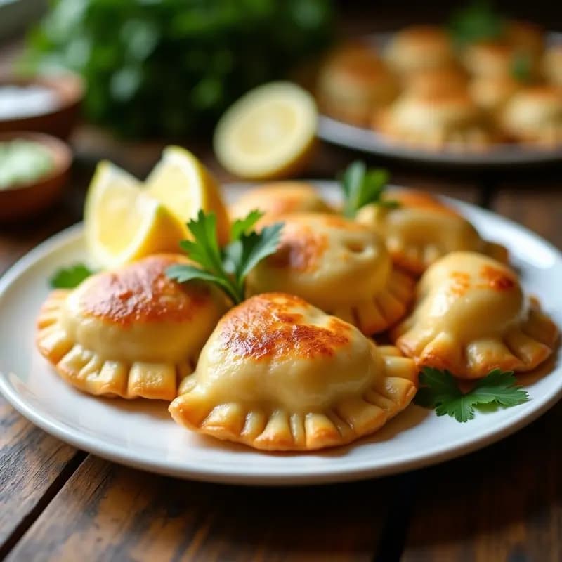Empanadas doradas y crujientes de masa de cassava rellenas de camarones y cilantro, servidas en un plato blanco con hojas de cilantro fresco y rodajas de limón. Receta colombiana sin harina hecha en airfryer.