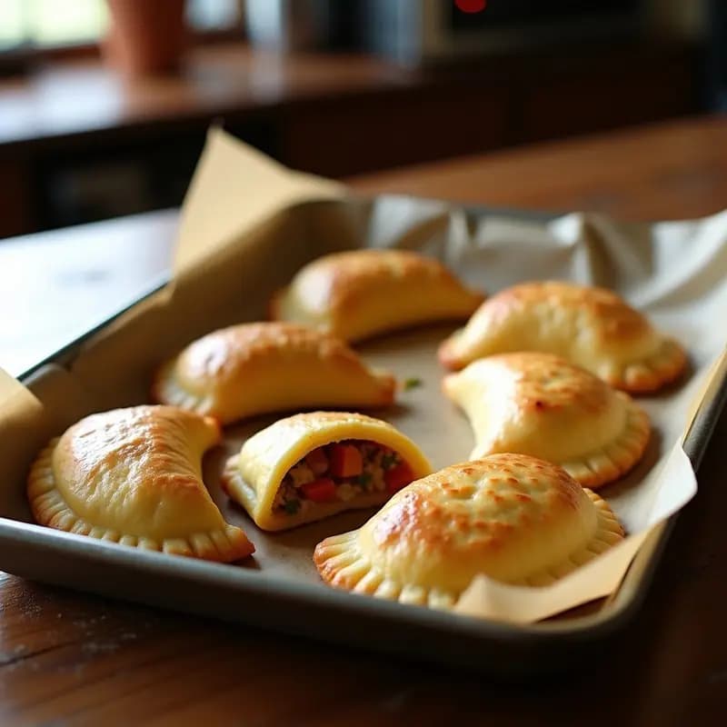 Empanadas doradas de masa de cassava rellenas de carne de cangrejo, dispuestas en una bandeja de horno con papel vegetal. Se aprecian los bordes sellados con tenedor y el interior jugoso del relleno. Receta colombiana sin gluten.