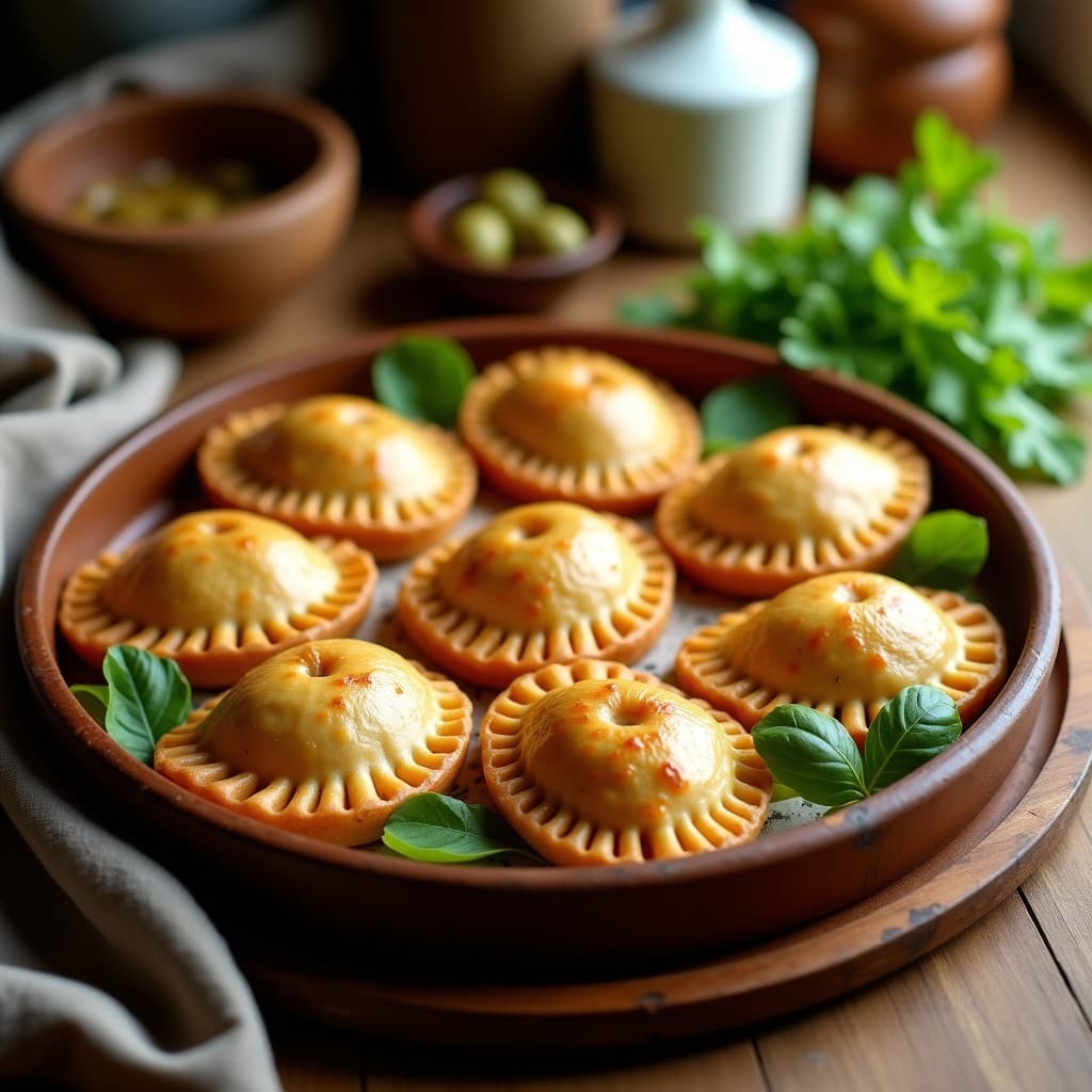 Empanadas de cassava doradas y crujientes rellenas de carne de res y aceitunas verdes, servidas en un plato de barro con hojas de perejil y salsa de ají al lado, receta colombiana sin gluten.