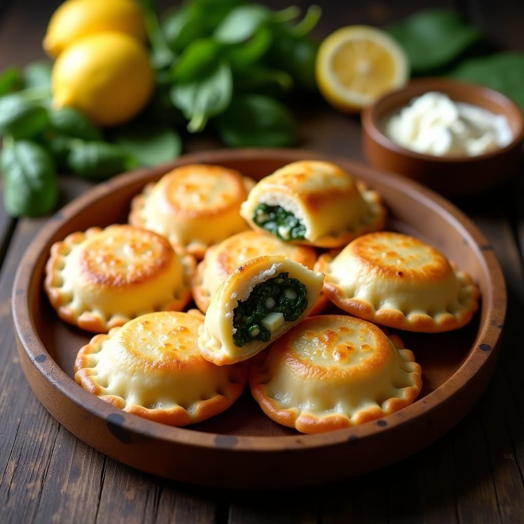 Empanadas brasileñas doradas de masa de cassava rellenas de espinacas y queso de anacardos, servidas en bandeja de madera con hierbas frescas y limón al lado.