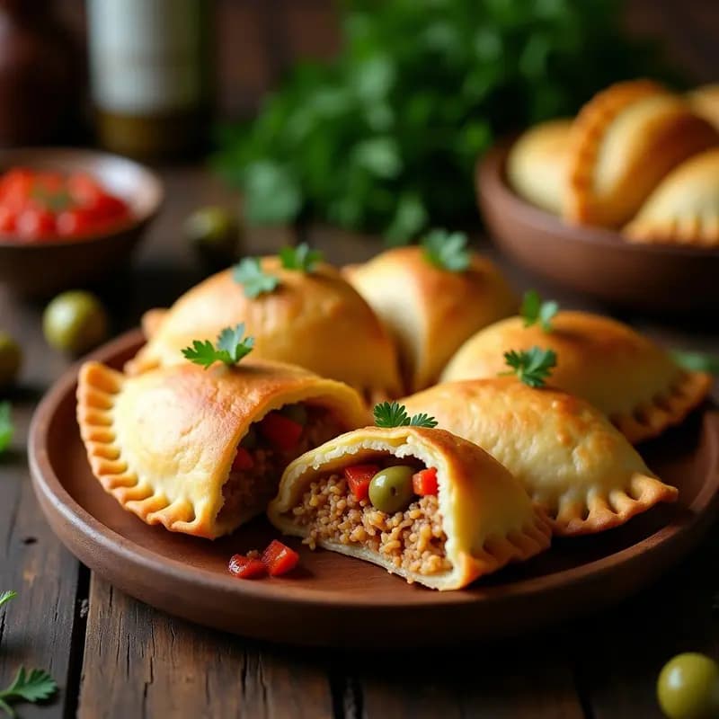 Empanadas doradas y crujientes de masa de cassava rellenas de picadillo de jackfruit y aceitunas verdes, servidas en un plato de madera rústico con hojas de perejil fresco. Receta cubana vegana y sin gluten.