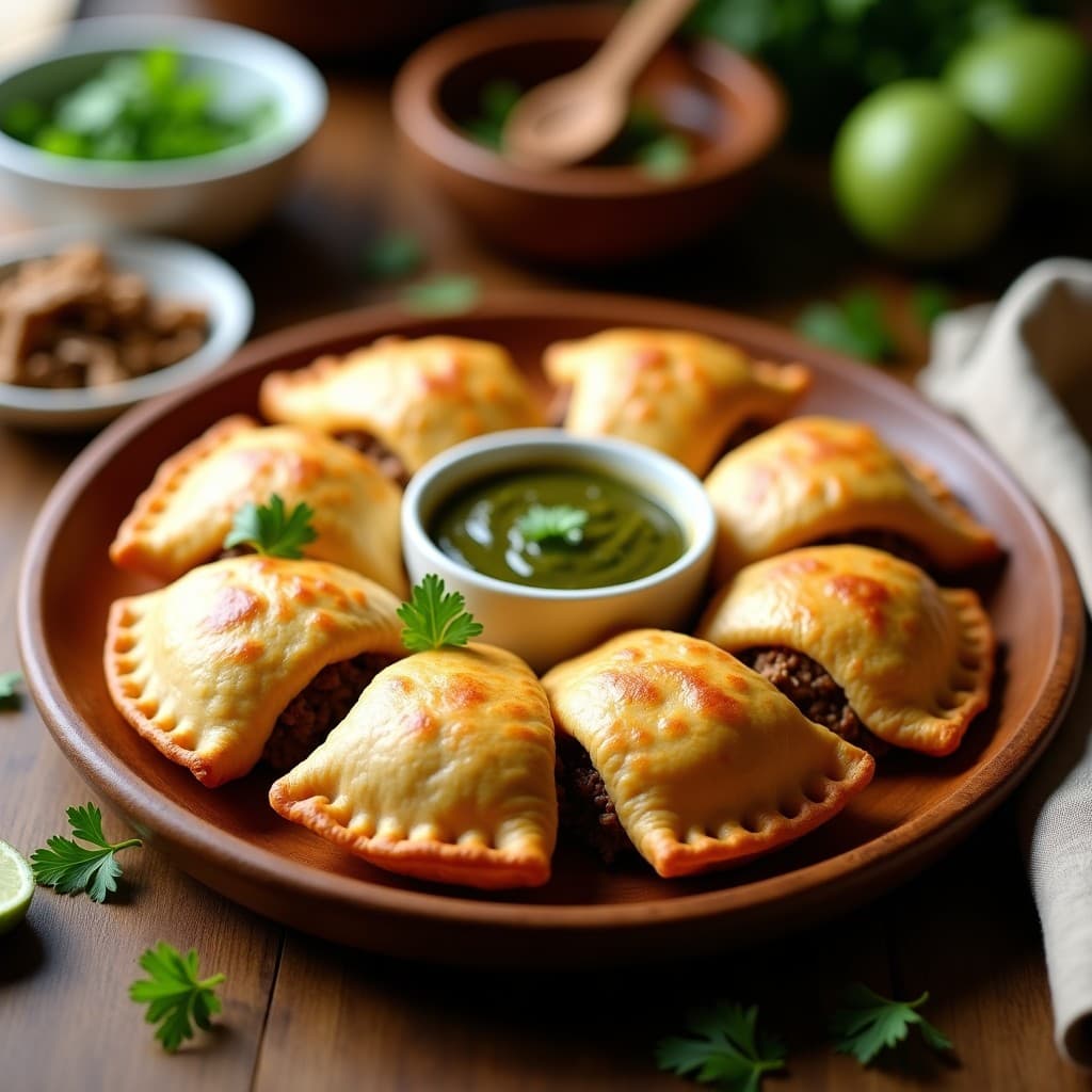Empanadas doradas y crujientes de masa integral rellenas de chayote y carne de res, dispuestas en una bandeja de madera rústica con hojas de cilantro fresco y un cuenco de ají al lado. Receta colombiana tradicional en Thermomix.