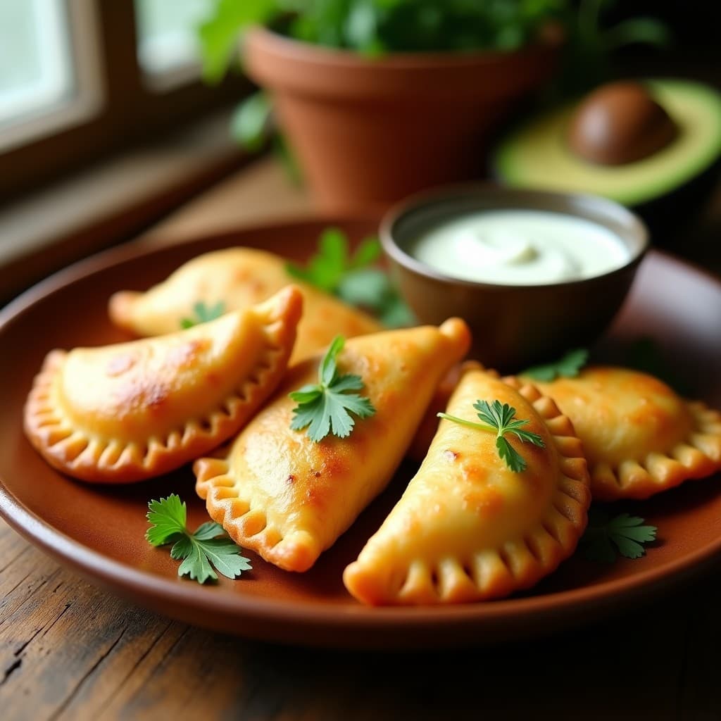 Empanadas doradas y crujientes de chayote y queso de almendras keto, servidas en un plato blanco con hojas de perejil fresco, receta colombiana en airfryer.