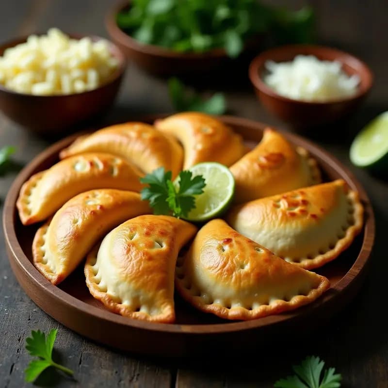 Empanadas doradas de masa de yuca rellenas de chayote y queso panela, dispuestas en una bandeja de madera rústica con hojas de cilantro fresco y rodajas de limón al lado, receta guatemalteca sin trigo.