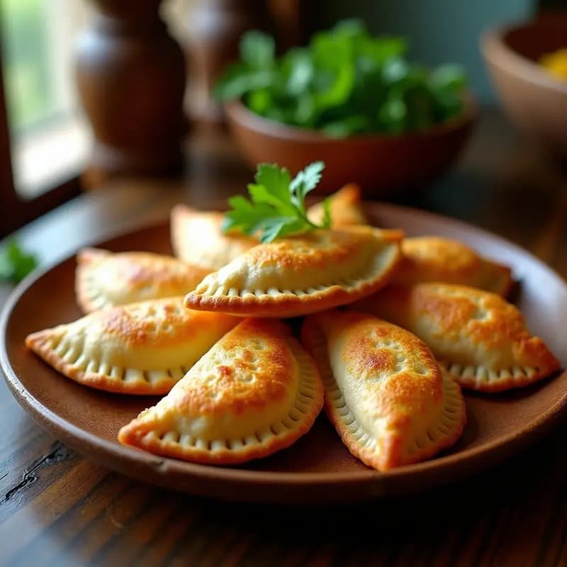 Empanadas doradas y crujientes de masa de chícharo rellenas de queso vegano y cebolla morada, servidas en un plato blanco con perejil fresco. Receta salvadoreña sin gluten cocinada en airfryer.