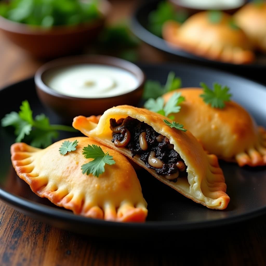 Empanadas doradas y crujientes de masa de yuca rellenas de chipirón en su tinta, servidas en un plato de cerámica negra con cilantro fresco y salsa de yogur al lado. Receta colombiana sin gluten y alta en hierro.
