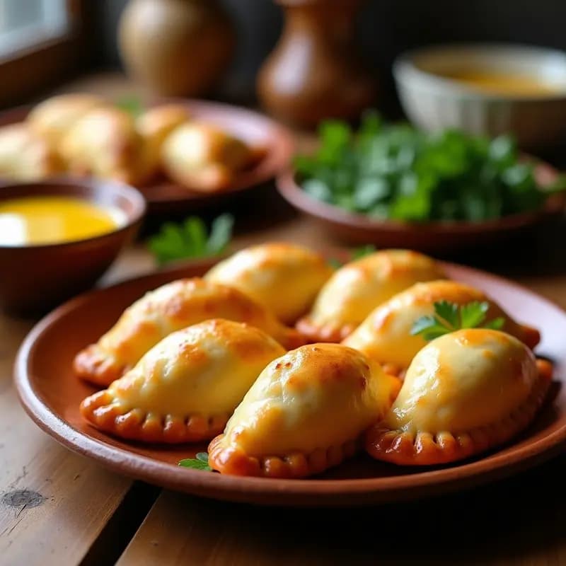 Empanadas doradas y crujientes en forma de media luna, rellenas de chipras y queso fresco, servidas en un plato de barro con hojas de perejil y una salsa amarilla al lado, receta boliviana para airfryer.
