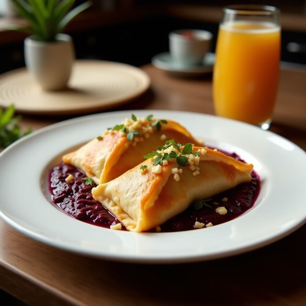 Empanadas chilenas doradas con masa de maíz morado vibrante, rellenas de choclo y queso de oveja fundido, servidas en bandeja de madera con salsa de yogur al lado.