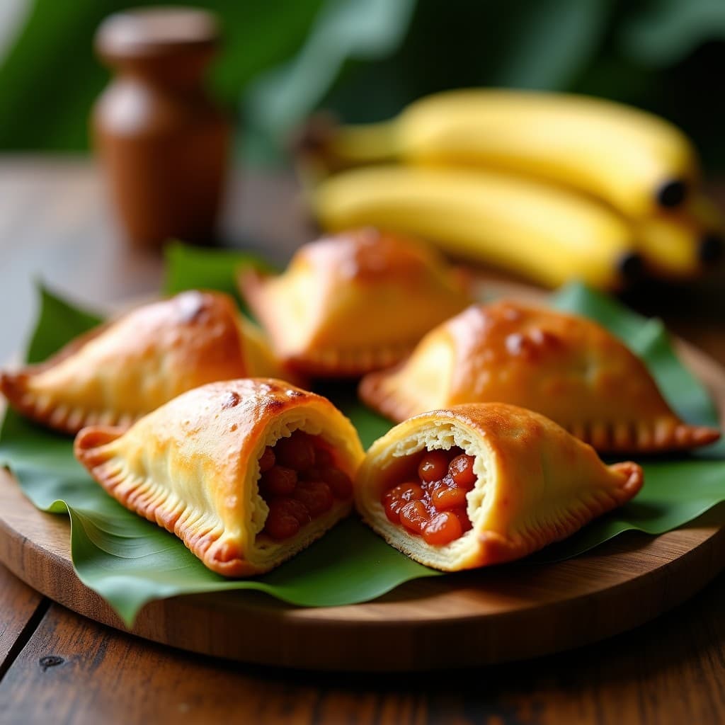 Empanadas doradas y crujientes de chorizo de Sincelejo y bocadillo, con hojaldre de yuca perfectamente laminado, servidas en una bandeja de madera rústica con hojas de plátano. Receta colombiana sin gluten.