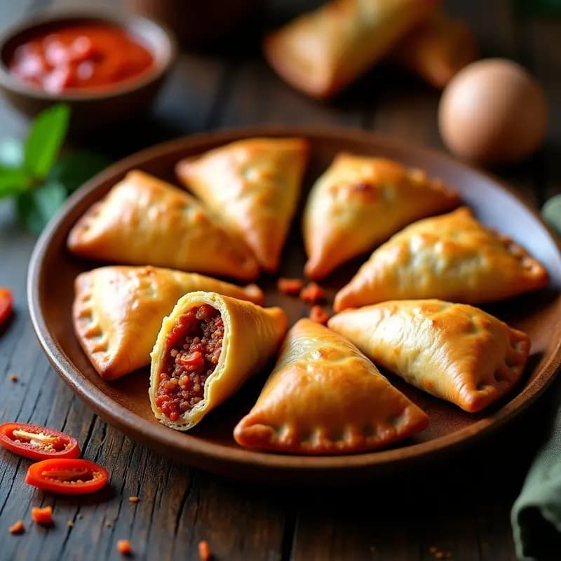 Empanadas doradas y crujientes rellenas de chorizo de soja y pimiento piquillo, servidas en un plato de madera con fondo rústico.
