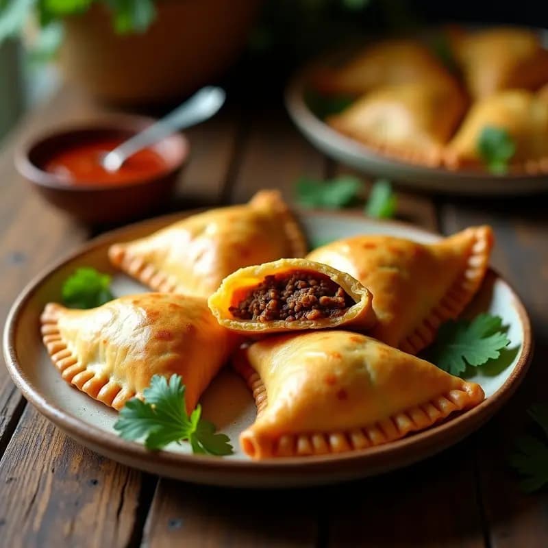 Empanadas doradas y crujientes de chorizo vegano y queso de castañas sobre un plato de barro, con un fondo rústico de madera y hierbas frescas. Receta colombiana sin lactosa.