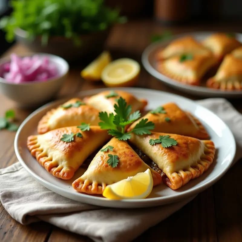 Empanadas doradas y crujientes de masa de coliflor con relleno fresco de ceviche de champiñones portobello, cebolla morada y cilantro, servidas en un plato blanco con decoración de limón y hierbas frescas.