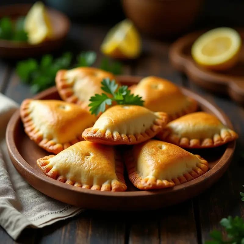 Empanadas doradas y crujientes de masa de copaiba rellenas de palmito, servidas en un plato de madera rústico con hojas de perejil y rodajas de limón. Receta amazónica sin gluten en airfryer.