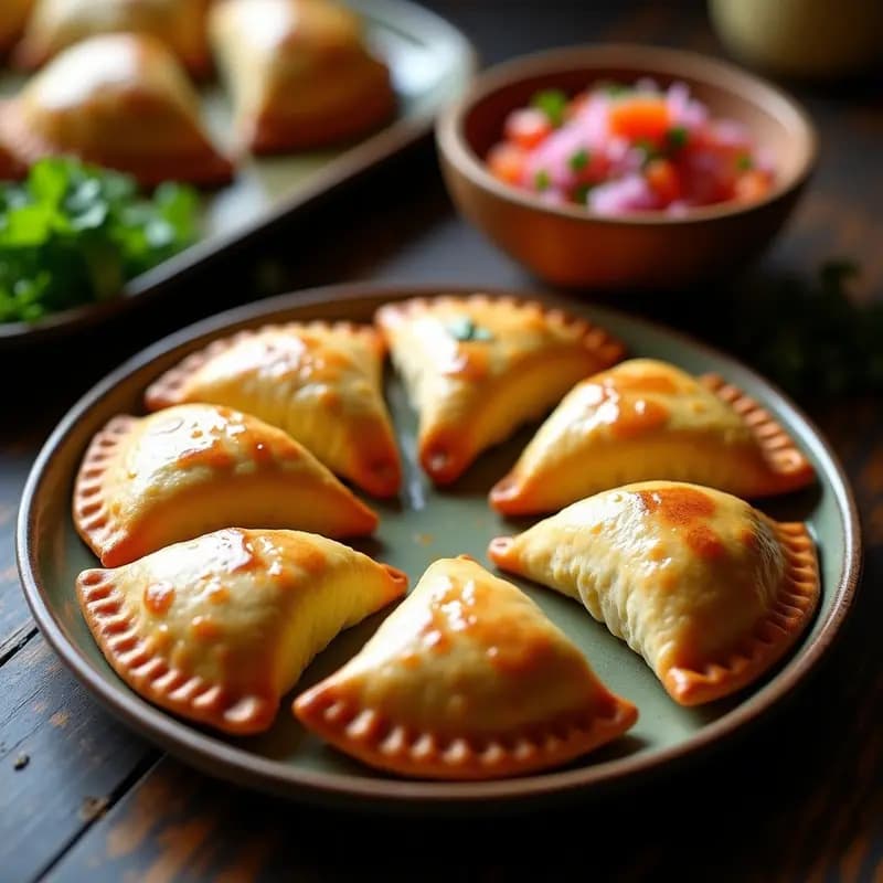Empanadas doradas y crujientes rellenas de criadillas y queso de cabra, servidas en un plato de barro con pebre fresco de tomate, cebolla morada y cilantro al lado.