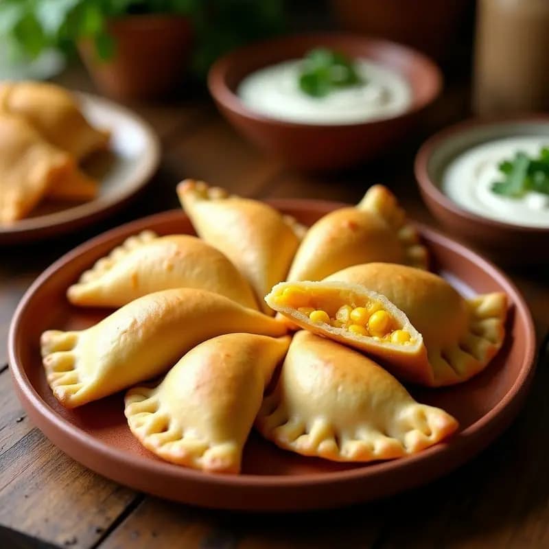 Empanadas doradas y crujientes de elote y queso Oaxaca con chile pasilla, servidas en un plato de barro sobre una mesa rústica con salsa de yogur y cilantro al lado.