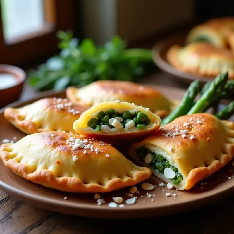 Empanadas argentinas sin TACC de espárragos verdes y queso de almendras con masa de mandioca dorada, servidas en un plato de madera rústico con hojas de espárrago como decoración.