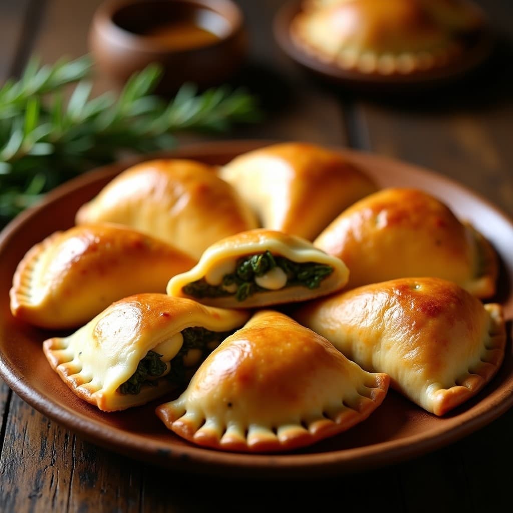 Empanadas doradas y brillantes rellenas de espárragos trigunos y queso de oveja, servidas en un plato de madera rústico con hierbas frescas al lado. Receta argentina en olla express.