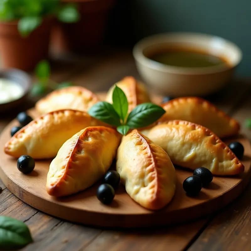 Empanadas argentinas veganas de espinaca y tofu ahumado con masa integral dorada, dispuestas en bandeja de madera con hierbas frescas y salsa de yogur vegano al lado.