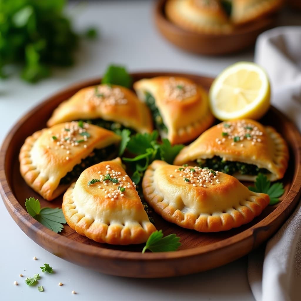 Empanadas veganas doradas al horno con masa de garbanzo, rellenas de espinaca y tofu, espolvoreadas con semillas de sésamo. Plato rústico de madera con hierbas frescas al lado.