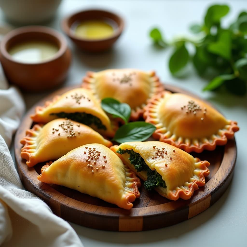Empanadas keto de espinacas y tofu con masa de coliflor dorada, servidas en una bandeja de madera rústica con hierbas frescas y un dip cremoso al lado. Receta sin harina y alta en proteína.