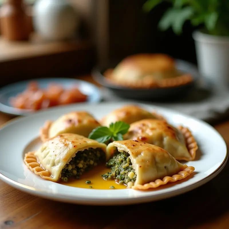 Bandeja de empanadas verdes vibrantes con bordes dorados y rellenas de queso de almendras y higo, dispuestas en círculo sobre papel de horno. El color esmeralda de la espirulina contrasta con el dorado crujiente de la masa, ideal para receta viral de redes sociales.