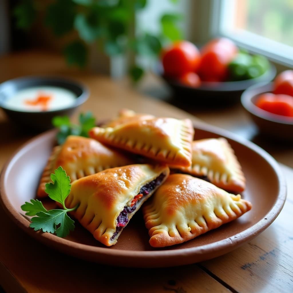 Empanadas doradas y crujientes de espirulina y queso vegano con masa de ñame morado, servidas en un plato de madera rústico con hierbas frescas y salsa de yogur vegano al lado. Receta innovadora en airfryer.