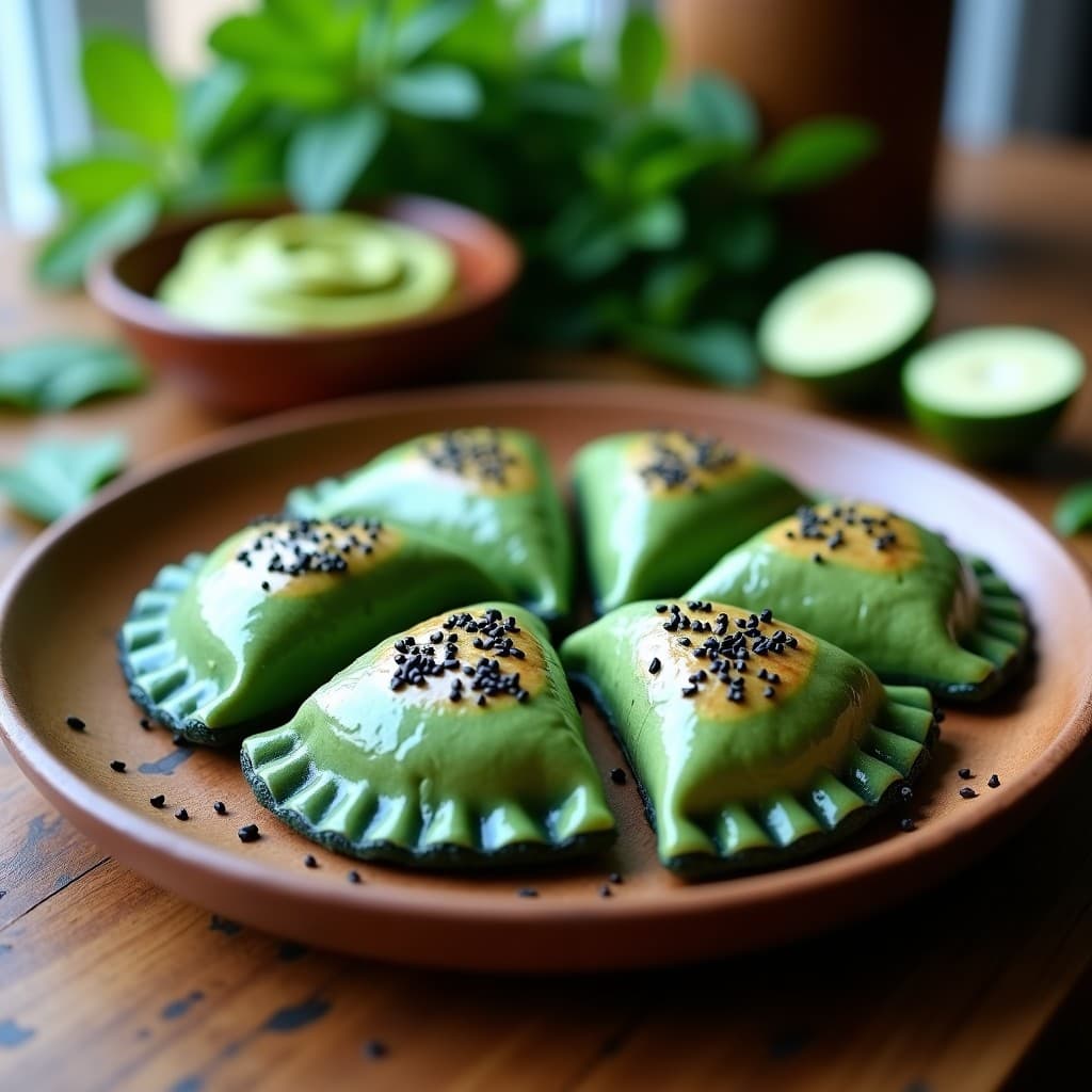 Empanadas crudiveganas de espirulina y tofu con masa de algas nori, deshidratadas y cubiertas de semillas de sésamo negro, servidas en un plato de madera con hierbas frescas.