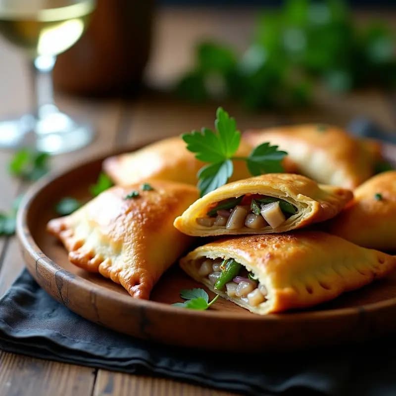 Empanadas gallegas doradas y crujientes rellenas de xouba y pimientos de padrón, servidas en una fuente de madera rústica con un toque de perejil fresco.