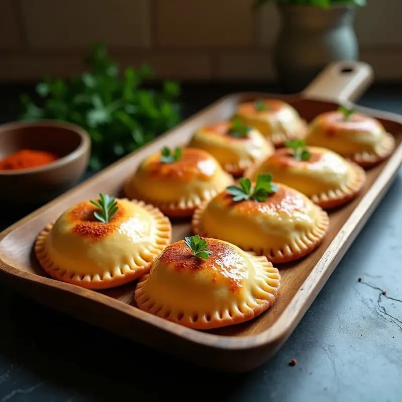 Empanadas gallegas de xouba y pimientos en Thermomix con masa de maíz dorada, servidas en bandeja de madera rústica con perejil fresco y pimentón espolvoreado.