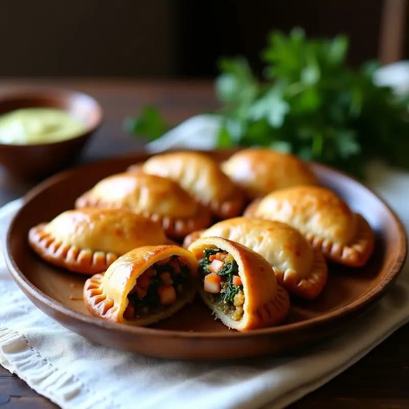 Empanadas gallegas doradas y crujientes rellenas de zambo desmenuzado y grelos, con un toque de pimentón, dispuestas en una fuente de madera rústica sobre un mantel de lino blanco. Receta tradicional con toque moderno en airfryer.