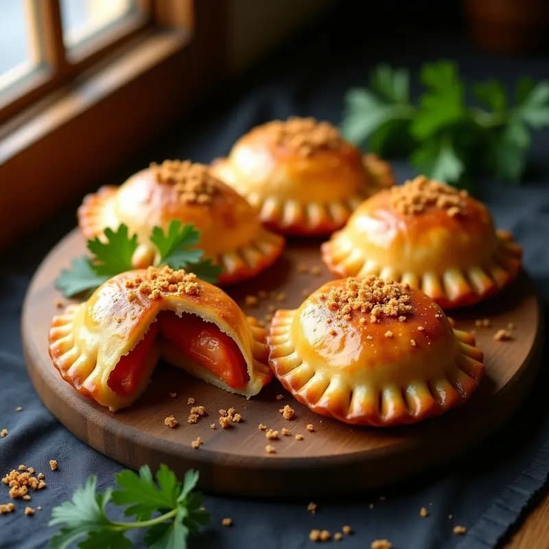 Empanadas gallegas doradas y crujientes rellenas de zambo y pimentón, con bordes bien sellados y un acabado brillante por el huevo, servidas en una fuente de madera rústica con perejil fresco.