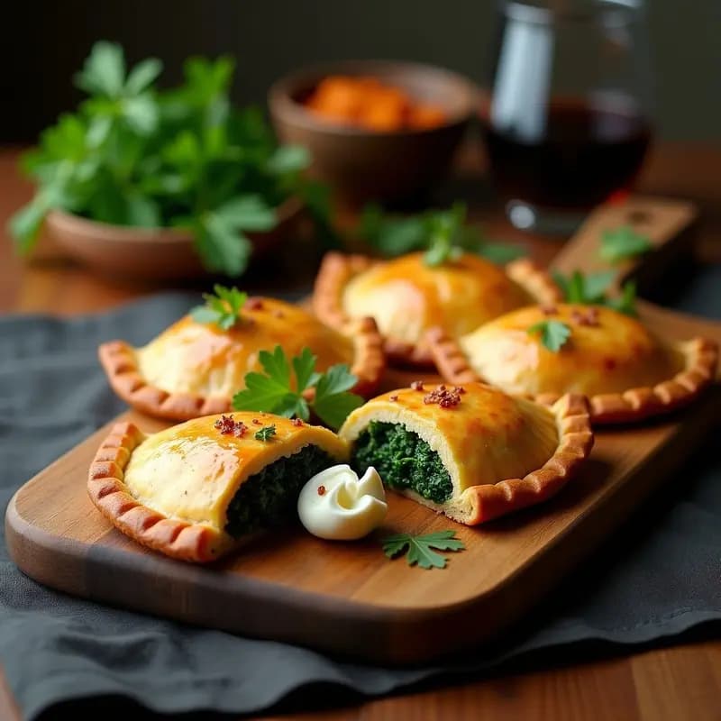 Empanadas gallegas doradas y crujientes rellenas de zamburiñas y espinacas, servidas en una bandeja de madera rústica con perejil fresco y un hilo de aceite de oliva virgen extra, receta de mar y tierra en Thermomix.