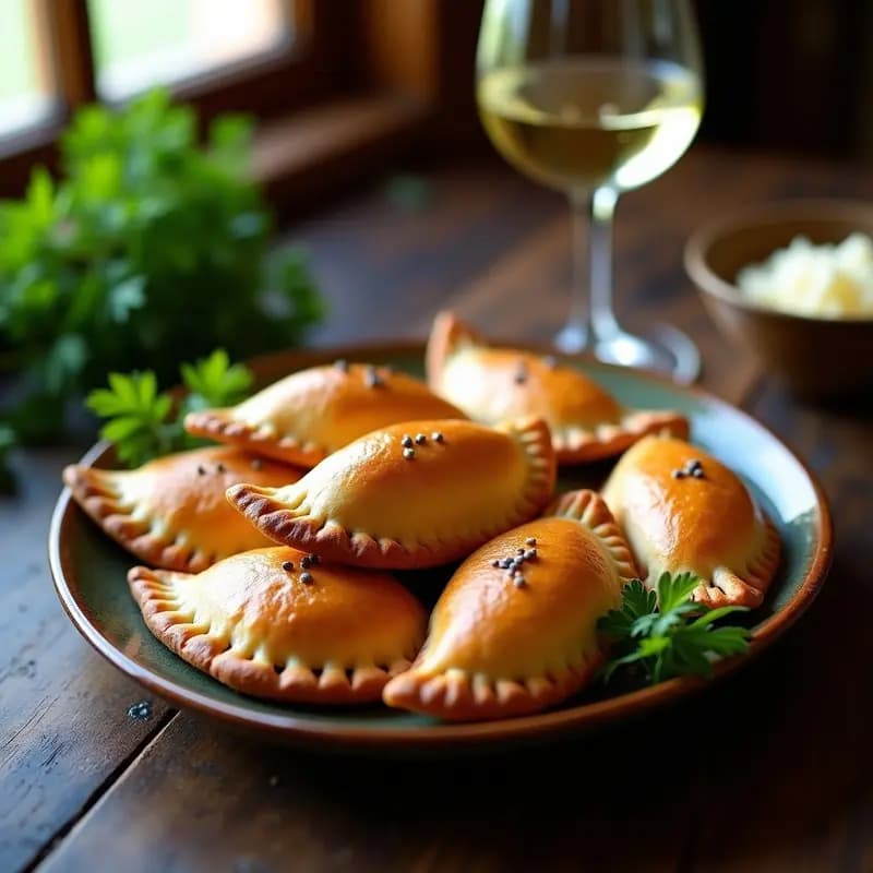 Empanadas gallegas doradas con masa integral, rellenas de zamburiñas en salsa cremosa con perejil, servidas en una fuente de madera rústica.