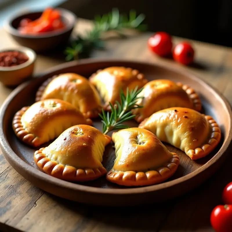 Empanadas gallegas doradas y crujientes con masa de centeno, rellenas de zorza y pimentón, dispuestas en una bandeja de madera rústica con un fondo de pimientos asados y cebolla morada.