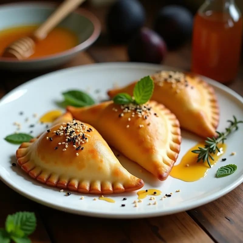 Empanadas doradas y crujientes de queso halloumi y higos en airfryer, servidas en plato blanco con hilo de miel de tomillo y semillas de sésamo, aperitivo chipriota sin harina.