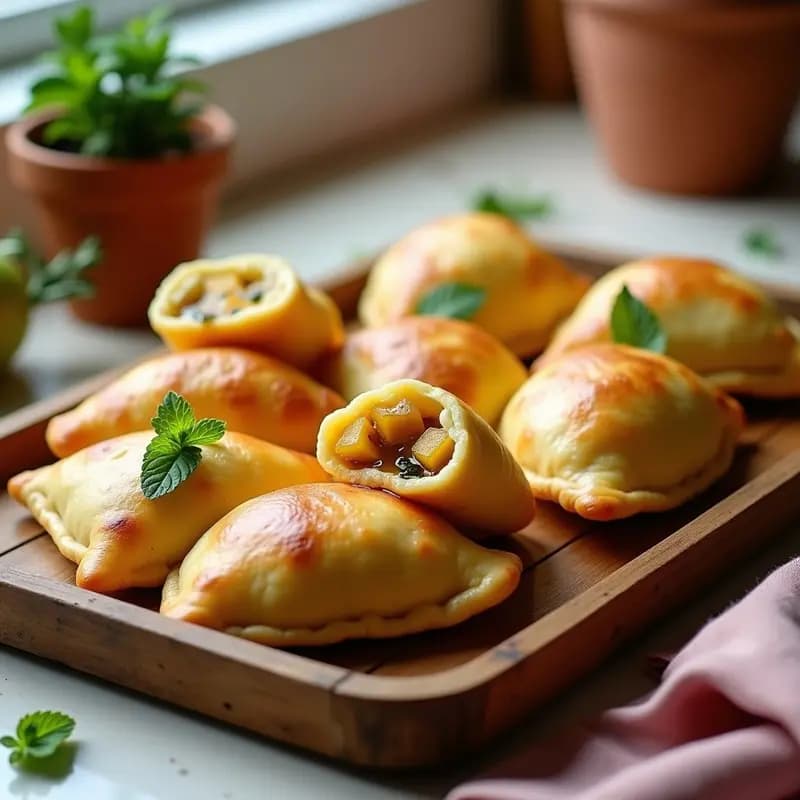 Empanadas doradas y crujientes de masa de yuca rellenas de queso halloumi y trozos de higueras, servidas en una bandeja de madera con hojas de menta fresca como decoración. Receta chipriota en Thermomix.