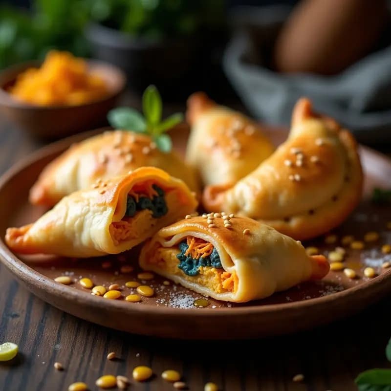 Empanadas doradas y crujientes de harina de almázén rellenas de jackfruit desmenuzado y queso azul vegano, servidas en un plato negro con salsa de yogur y decoradas con hierbas frescas. Receta colombiana vegana viral para redes sociales.