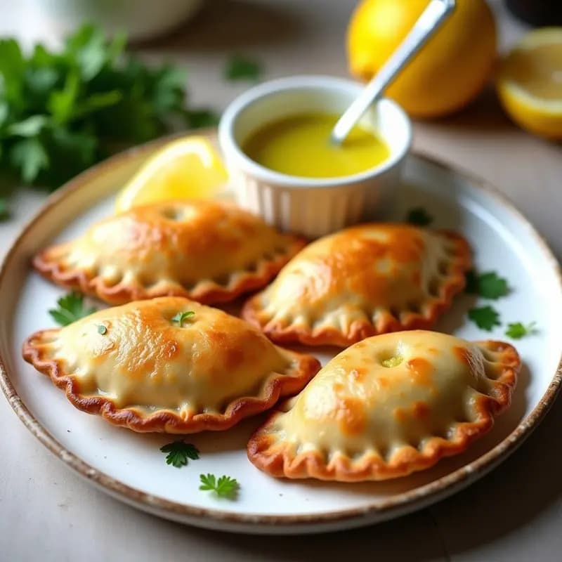 Empanadas doradas y crujientes de harina de almendra rellenas de lenguado ahumado, servidas en un plato blanco rústico con vinagreta de limón y hojas de perejil. Receta española keto en airfryer.